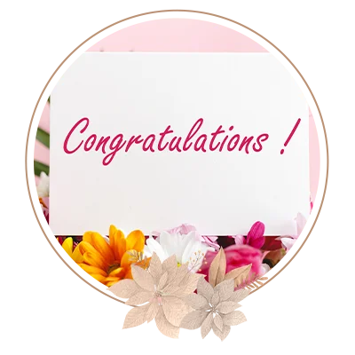 Congratulations text on gift card in flowers bouquet on pink background