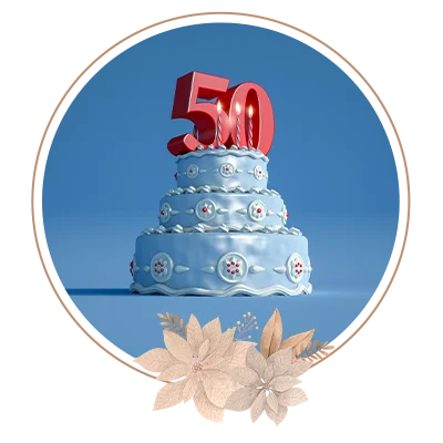 3d rendering of a big blue birthday cake with a big number fifty on top