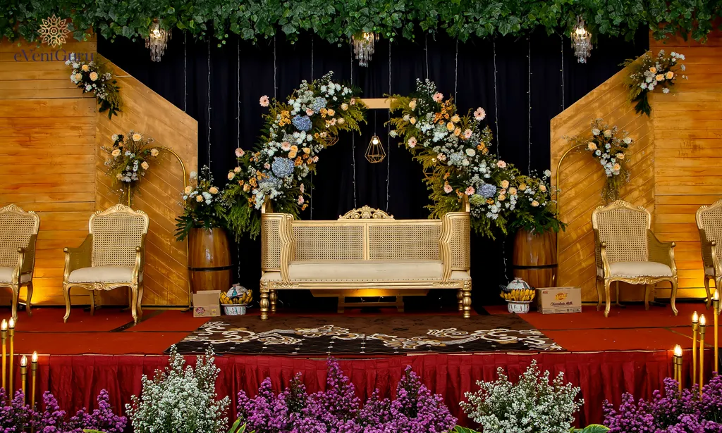 Decorations for weddings. Arrangement of flowers and Indonesian decorations for a wedding backdrop.