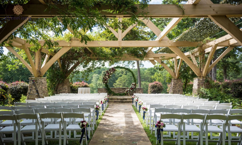 Wedding ceremony preparations in beautiful nature-view of the seats