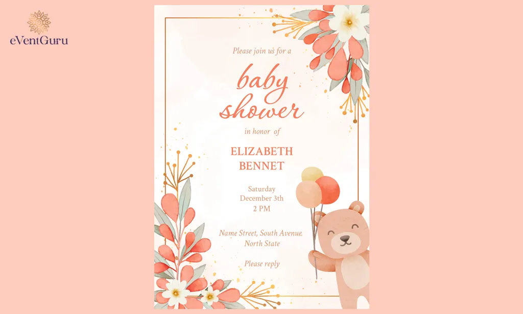 An invitation for a baby shower featuring a cute bear in watercolor