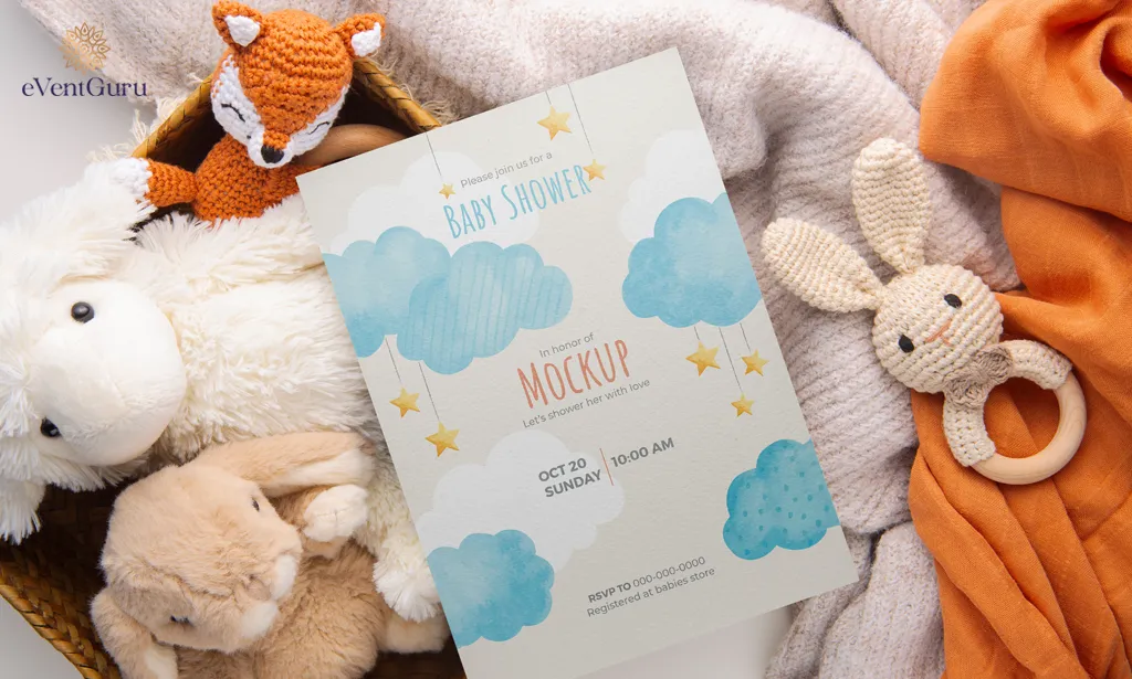 The PSD mockup shows the top view of a boy baby shower card