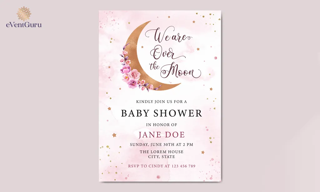 Template for watercolor baby shower invitations with stars and moons
