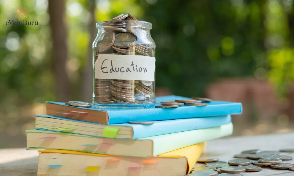 Coins are saved in a glass bottle for the concept of mutual funds, finance, and business, which is displayed in a textbook. Educators can save money by creating content.