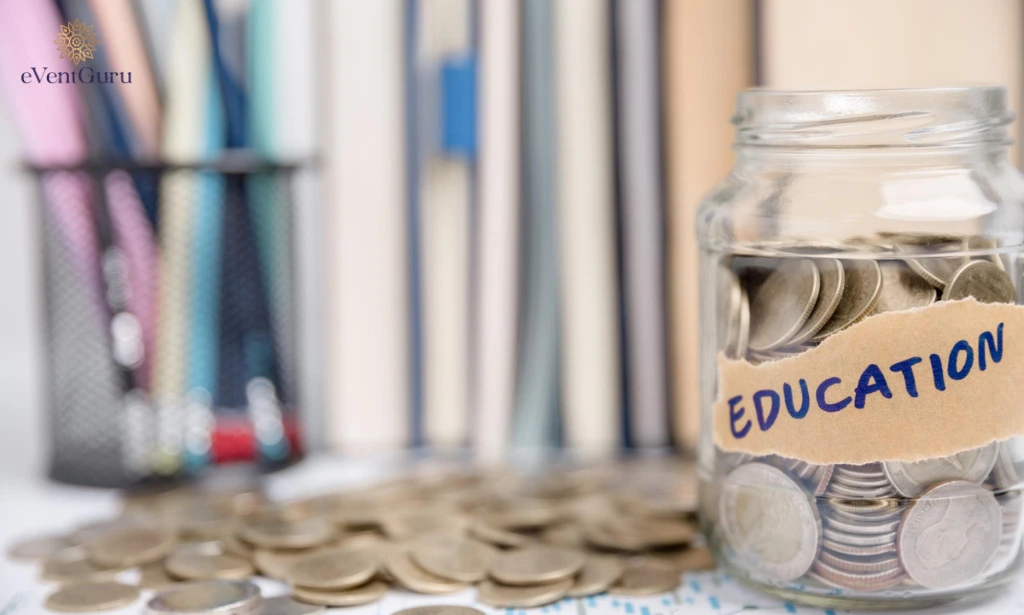 Close-up of education object with a stack of money coins, cash dollars, and glass jar in the background calculating student loan costs and investment budget