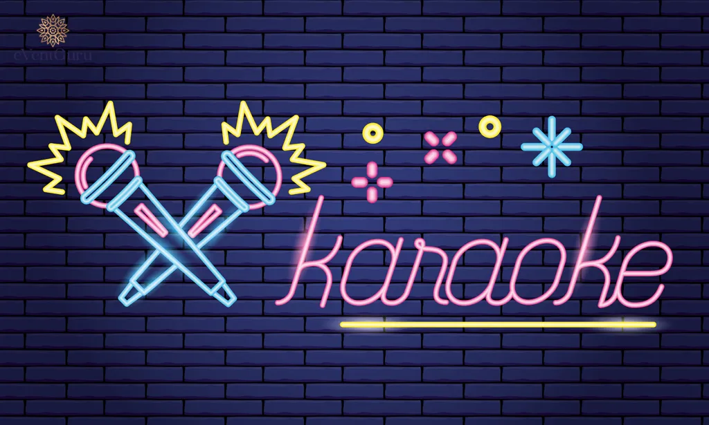 A neon-style karaoke bar with microphones and stars