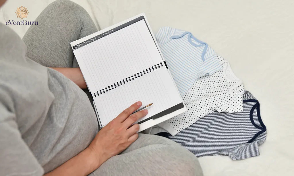 Notes are written in a notebook by a pregnant woman