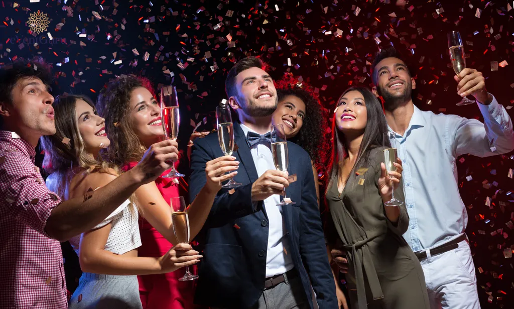 A crowd of diverse people celebrates the new year at a nightclub while holding champagne flutes and gazing upwards.