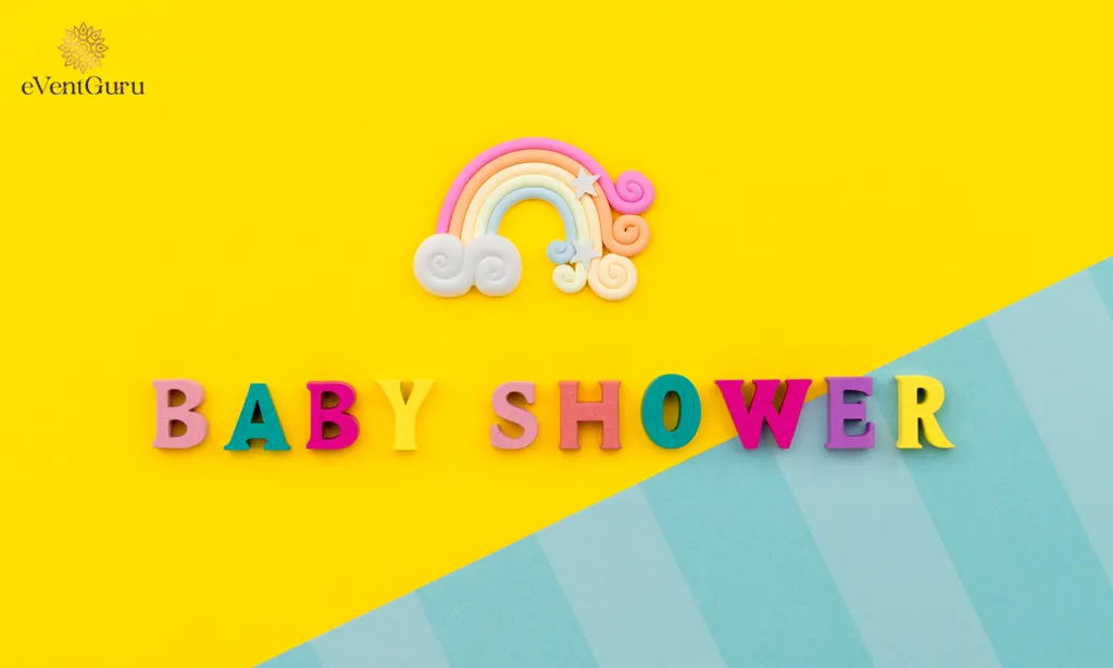 Baby shower background with pastel rainbow colors on a yellow background