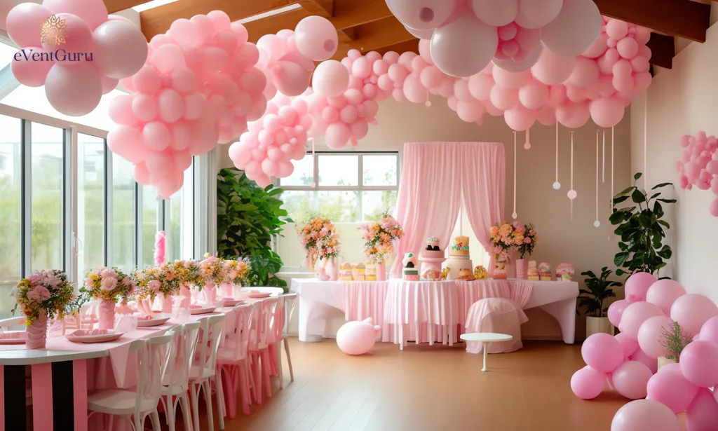 It was a pink balloon party with a table decorated with pink balloons