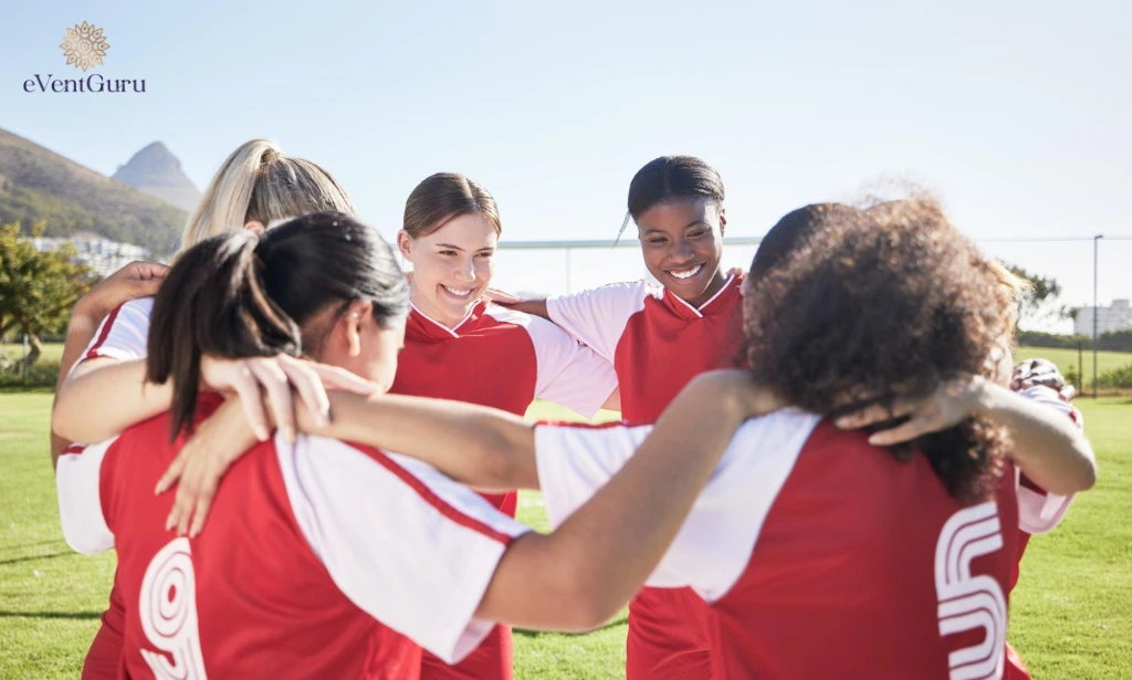 Football or team huddles for female soccer players or for celebrating a sports accomplishment