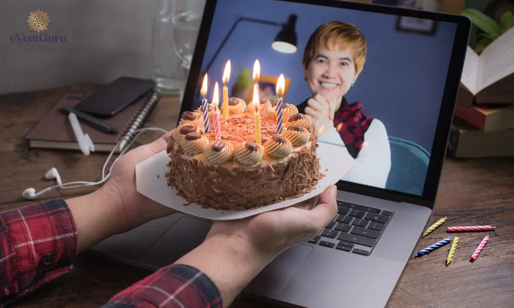 During social distancing, a middle-aged Asian woman receives a video call for her virtual birthday at home and feels loved and happy