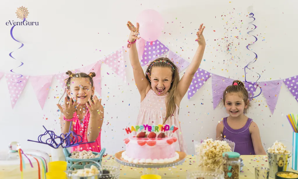 A cute little girl has fun at her birthday party with her friends