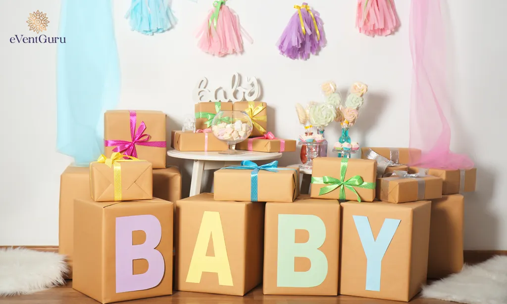 A composition with gift and decoration ideas for a baby shower that is indoors