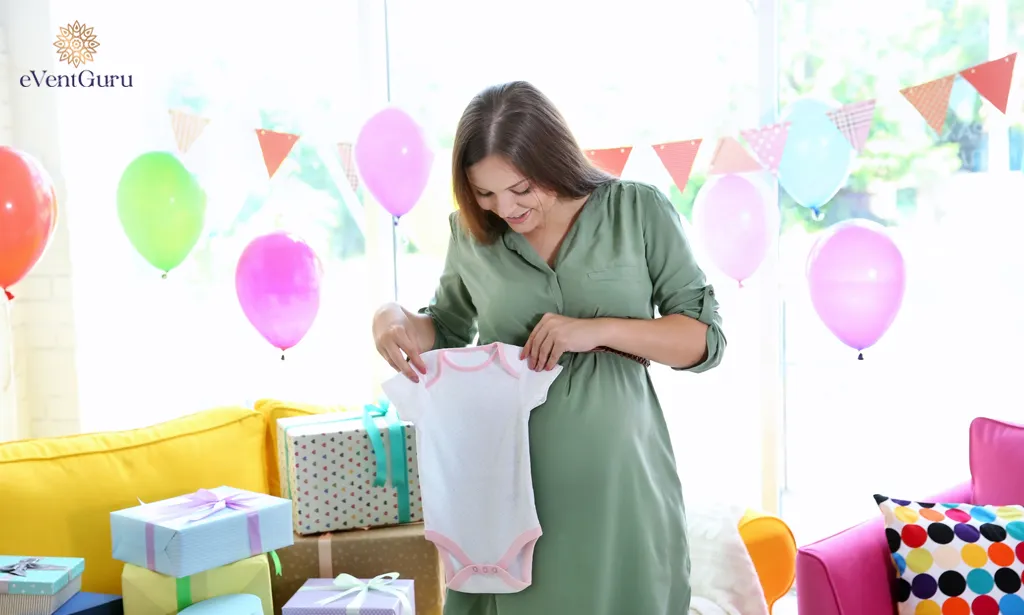 An expectant mother with presents at her baby shower